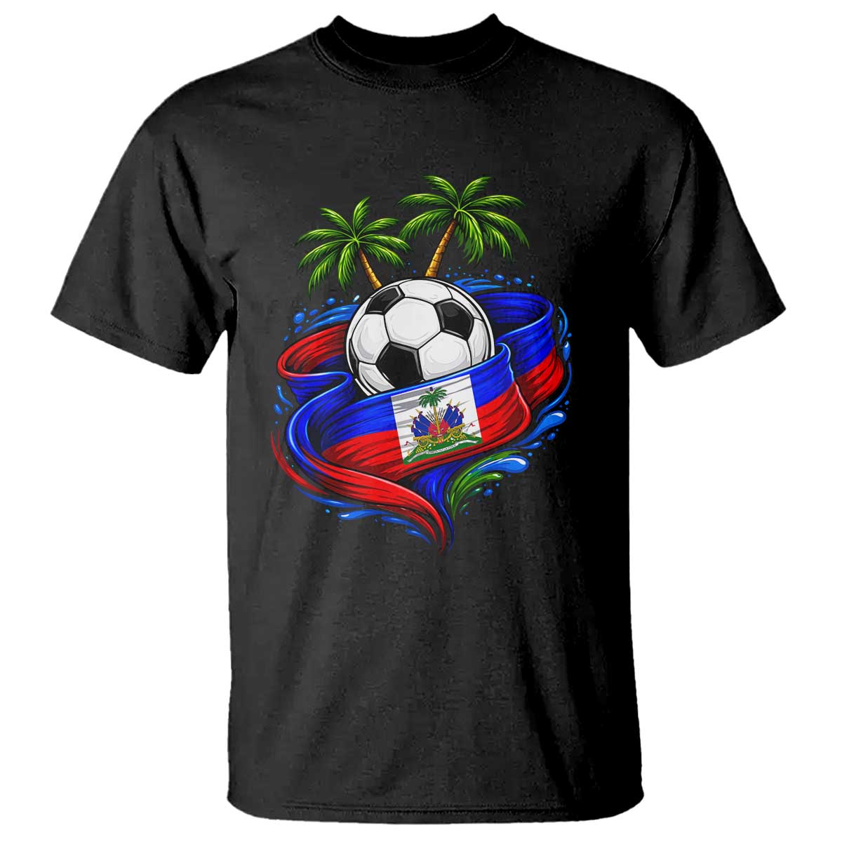 Haitian Flag Soccer Ball Graphic T Shirt Tropical Palm Trees Caribbean Haiti Football Fans Pride TS02 Black Print Your Wear
