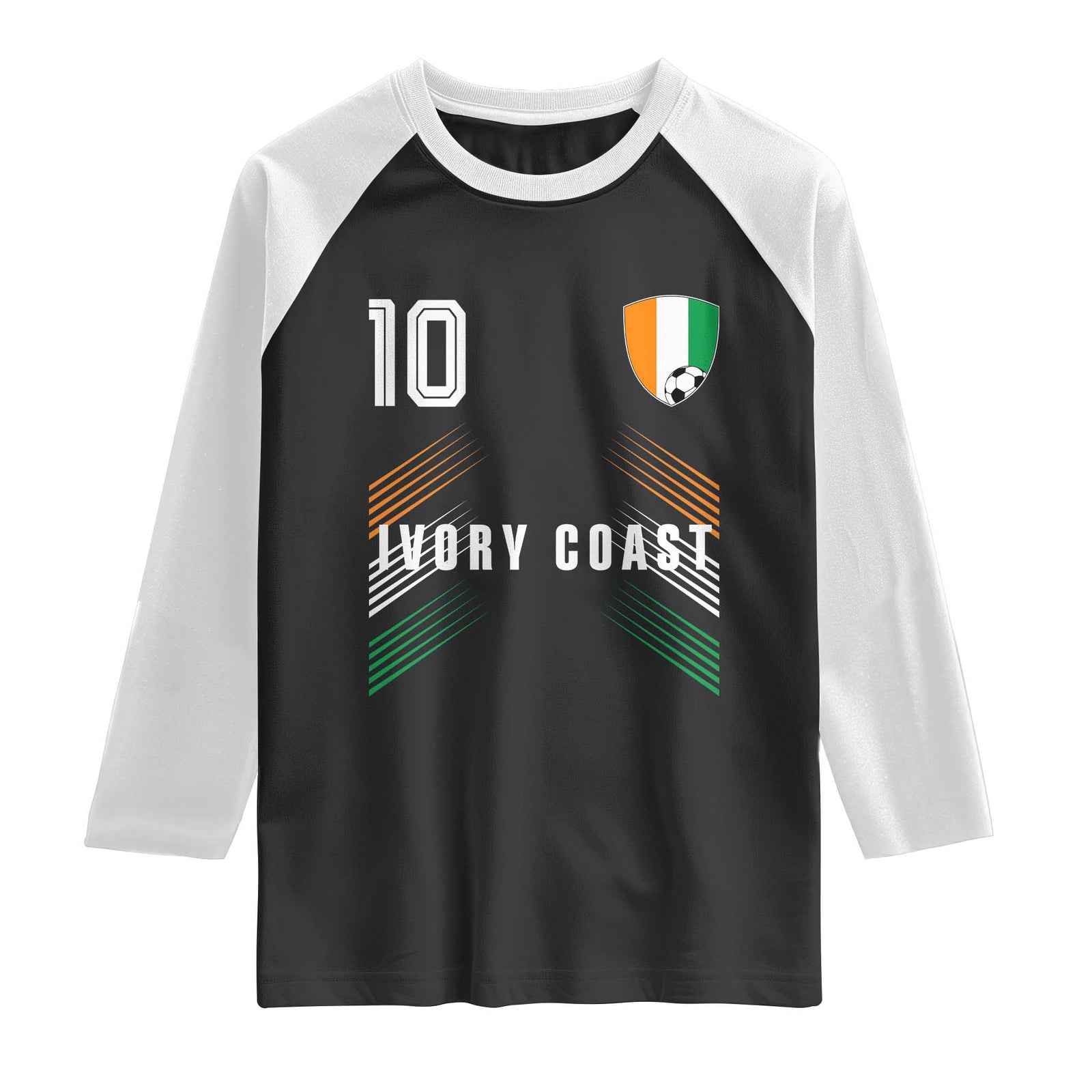 Ivory Coast Soccer Sports Graphic Number 10 Jersey Style Raglan Shirt Proud Ivorian Cote d'Ivoire Football Fans Game Day Pride TS02 Black White Print Your Wear