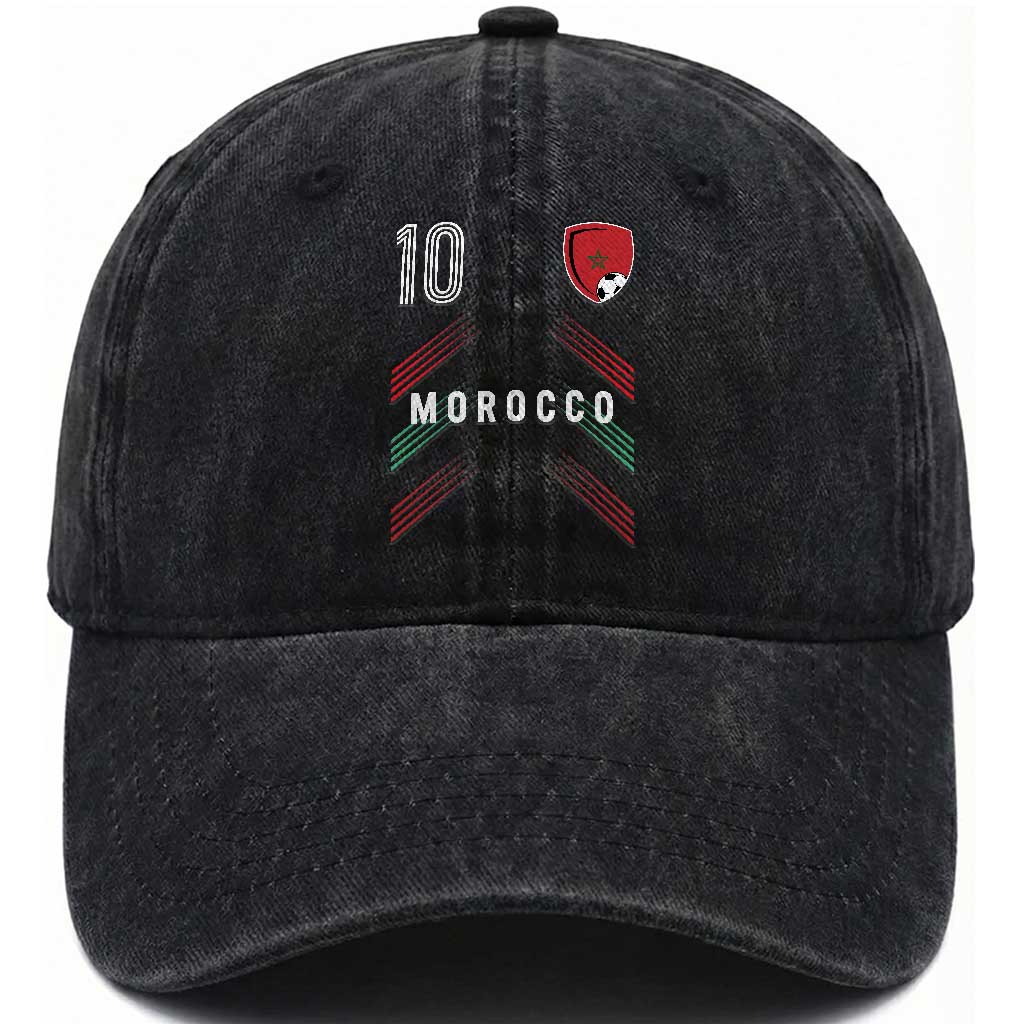 Morocco Soccer Sports Graphic Number 10 Jersey Style Washed Cotton Baseball Cap Proud Moroccan Football Fans Game Day Maghreb Pride TS02 Print Your Wear