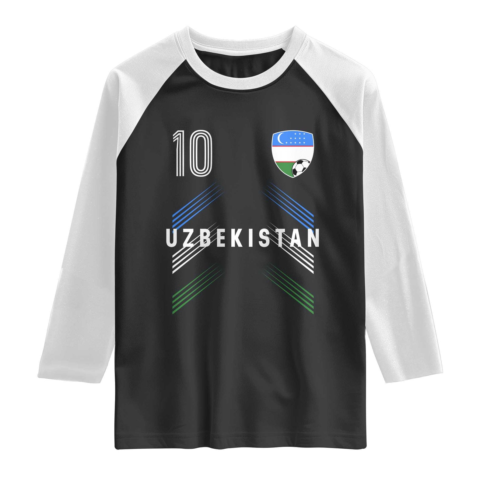 Uzbekistan Soccer Sports Graphic Number 10 Jersey Style Raglan Shirt Proud Uzbek Football Fans Game Day Pride TS02 Black White Print Your Wear