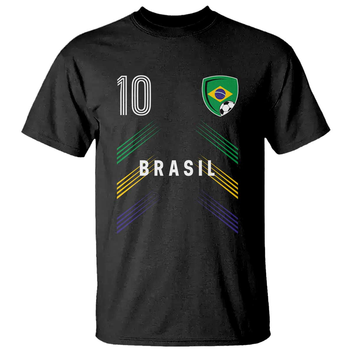 Brasil Number 10 Soccer Shield Graphic Jersey Style T Shirt Retro Futbol Football Fans Sports Lover TS02 Black Print Your Wear