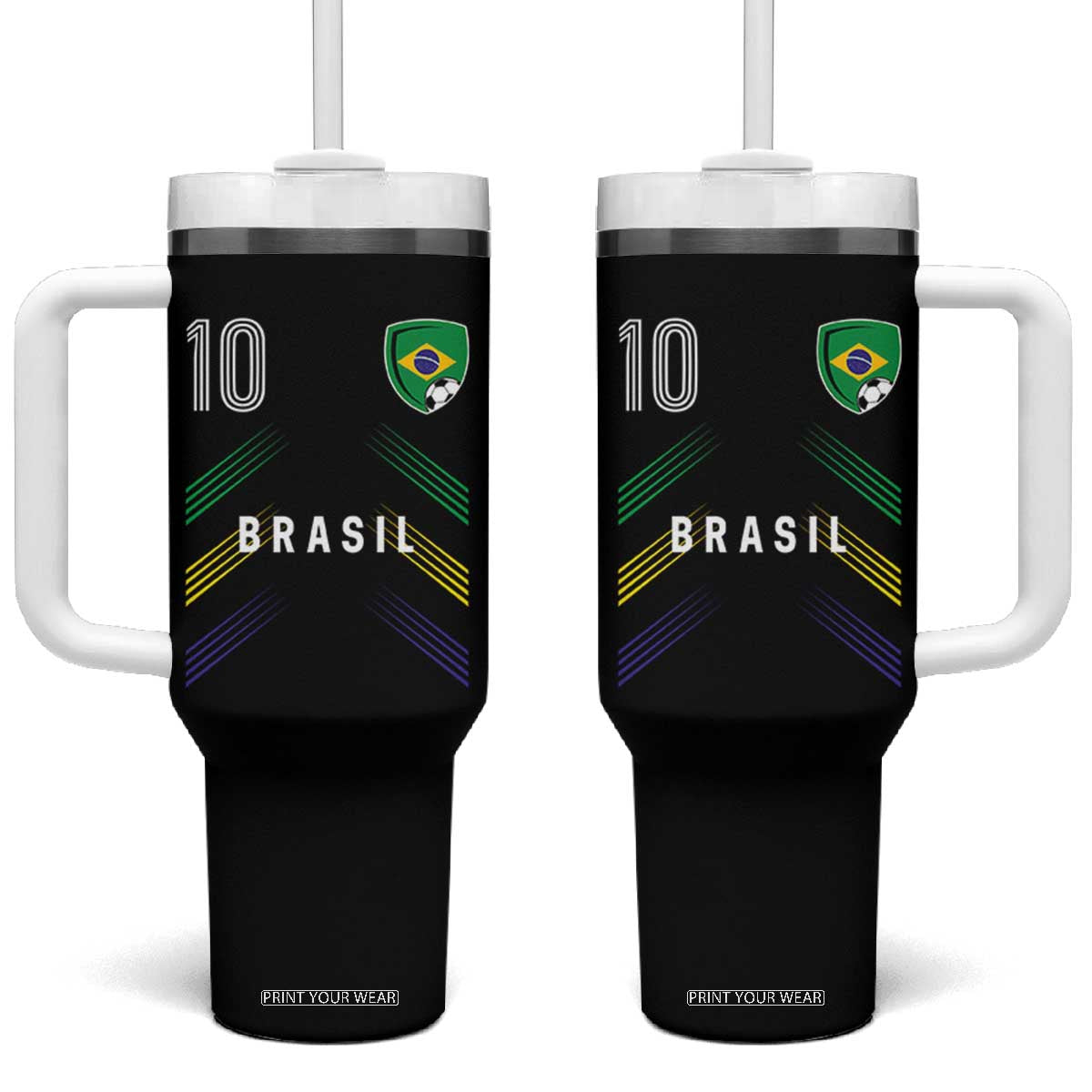 Brasil Number 10 Soccer Shield Graphic Jersey Style Tumbler With Handle Retro Futbol Football Fans Sports Lover TS02 One Size: 40 oz Black Print Your Wear