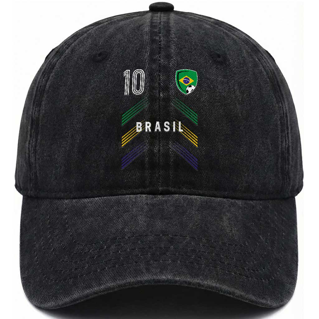 Brasil Number 10 Soccer Shield Graphic Jersey Style Washed Cotton Baseball Cap Retro Futbol Football Fans Sports Lover TS02 Print Your Wear