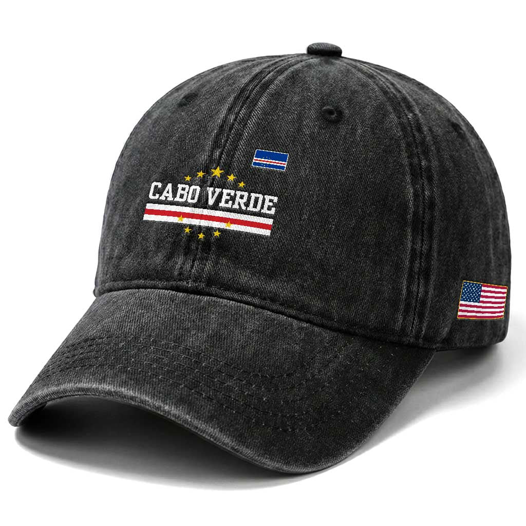 Cabo Verde Athletic Varsity Style Washed Cotton Baseball Cap Cape Verde Flag Stars National Pride TS02 Print Your Wear