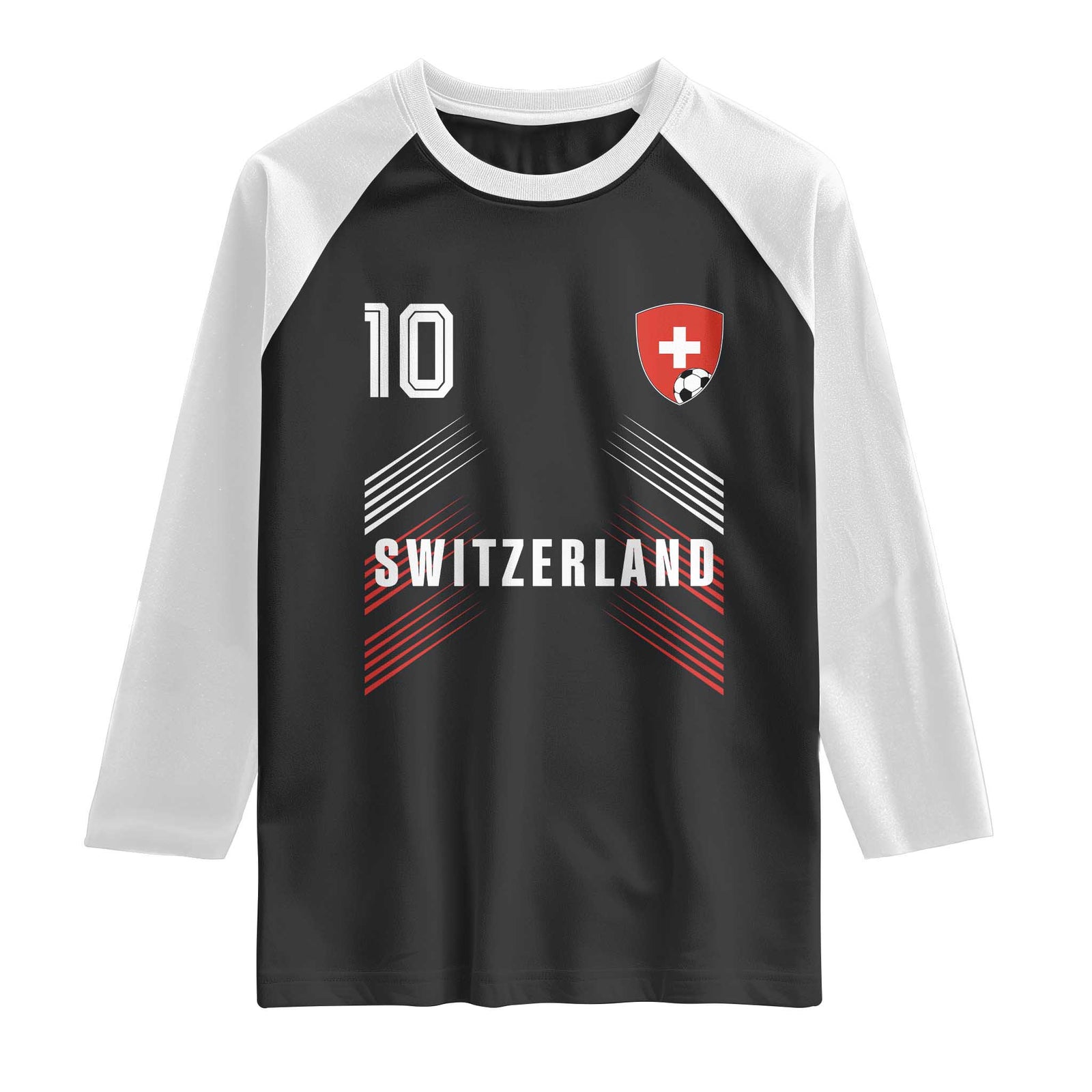 Switzerland Soccer Sports Graphic Number 10 Jersey Style Raglan Shirt Proud Swiss Football Fans Game Day Pride TS02 Black White Print Your Wear