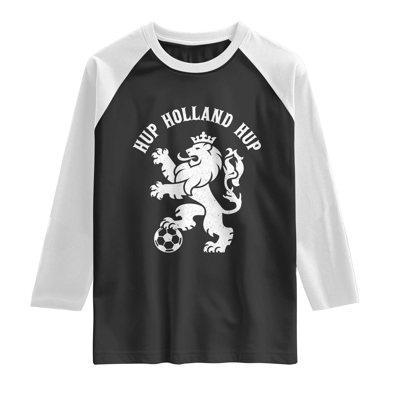 Hup Holland Hup Netherlands Crowned Lion Rampant Playing Football Graphic Raglan Shirt Nederlands Coat of Arms Inspo Dutch Soccer Fans TS02 Black White Print Your Wear