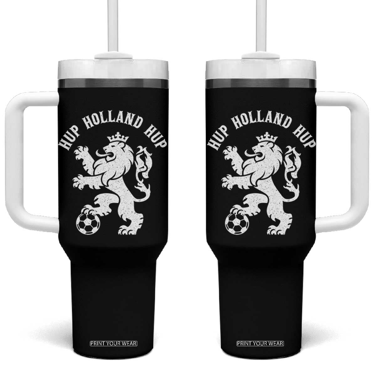 Hup Holland Hup Netherlands Crowned Lion Rampant Playing Football Graphic Tumbler With Handle Nederlands Coat of Arms Inspo Dutch Soccer Fans TS02 One Size: 40 oz Black Print Your Wear