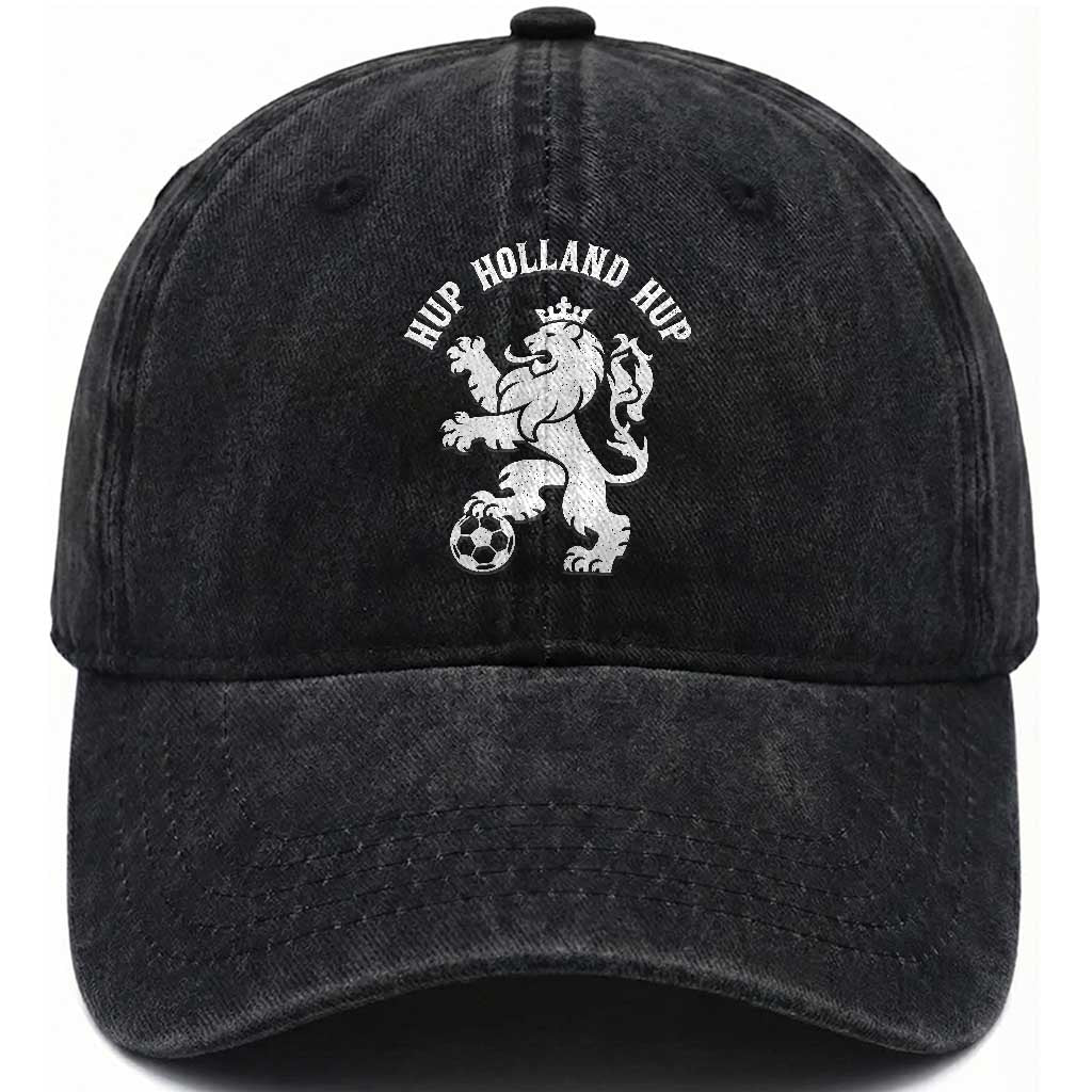 Hup Holland Hup Netherlands Crowned Lion Rampant Playing Football Graphic Washed Cotton Baseball Cap Nederlands Coat of Arms Inspo Dutch Soccer Fans TS02 Print Your Wear