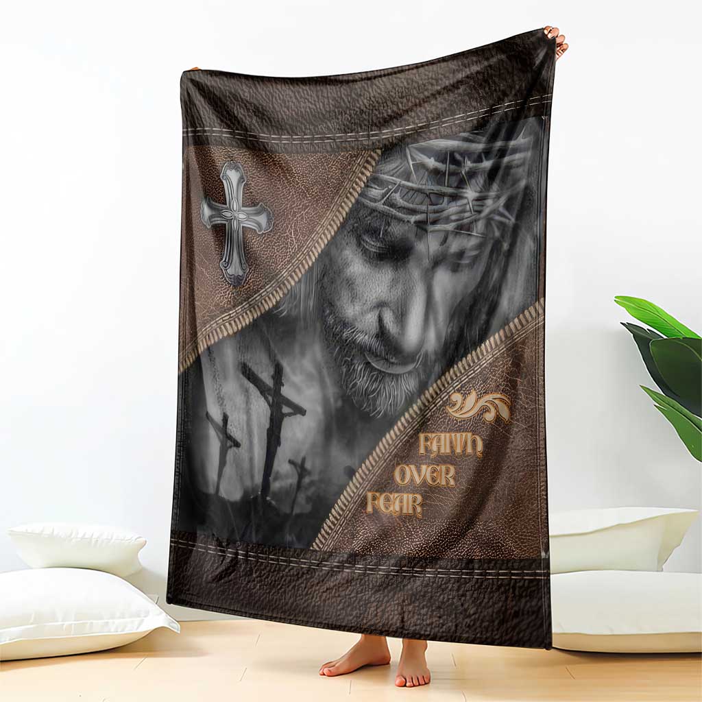 Faith Over Fear Rustic Christian Throw Blanket Jesus Cross Black and Brown Leather Style Effect TS02 Print Your Wear