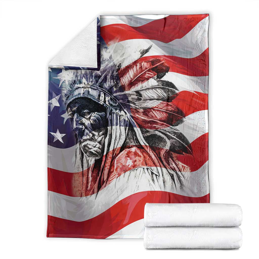 Patriotic Native American Chief Feather Headdress Throw Blanket Indigenous Pride USA Flag Heritage Gift TS02 American Flag Print Your Wear
