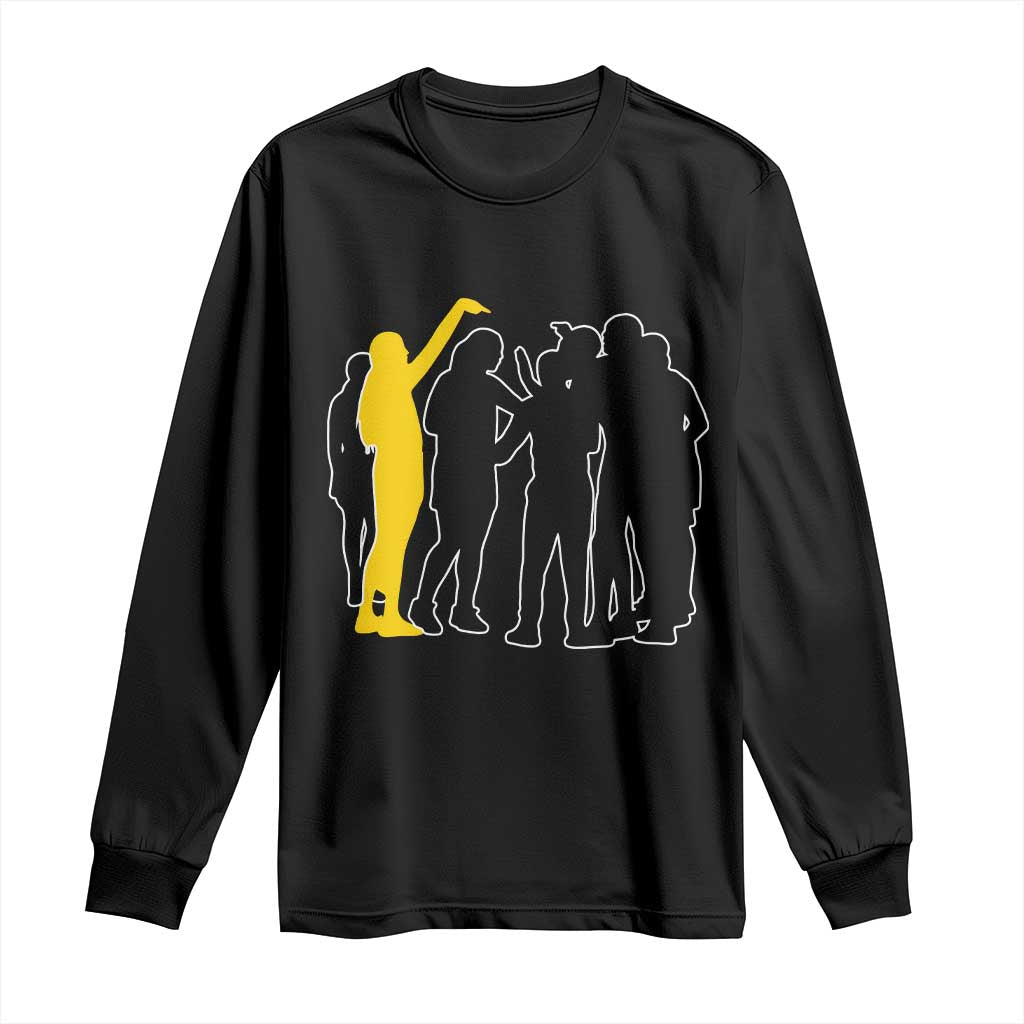 Viral Basketball Pointing Huddle Long Sleeve Shirt Funny Women Sports Culture Meme Yellow Silhouette Graphic TS02 Black Print Your Wear