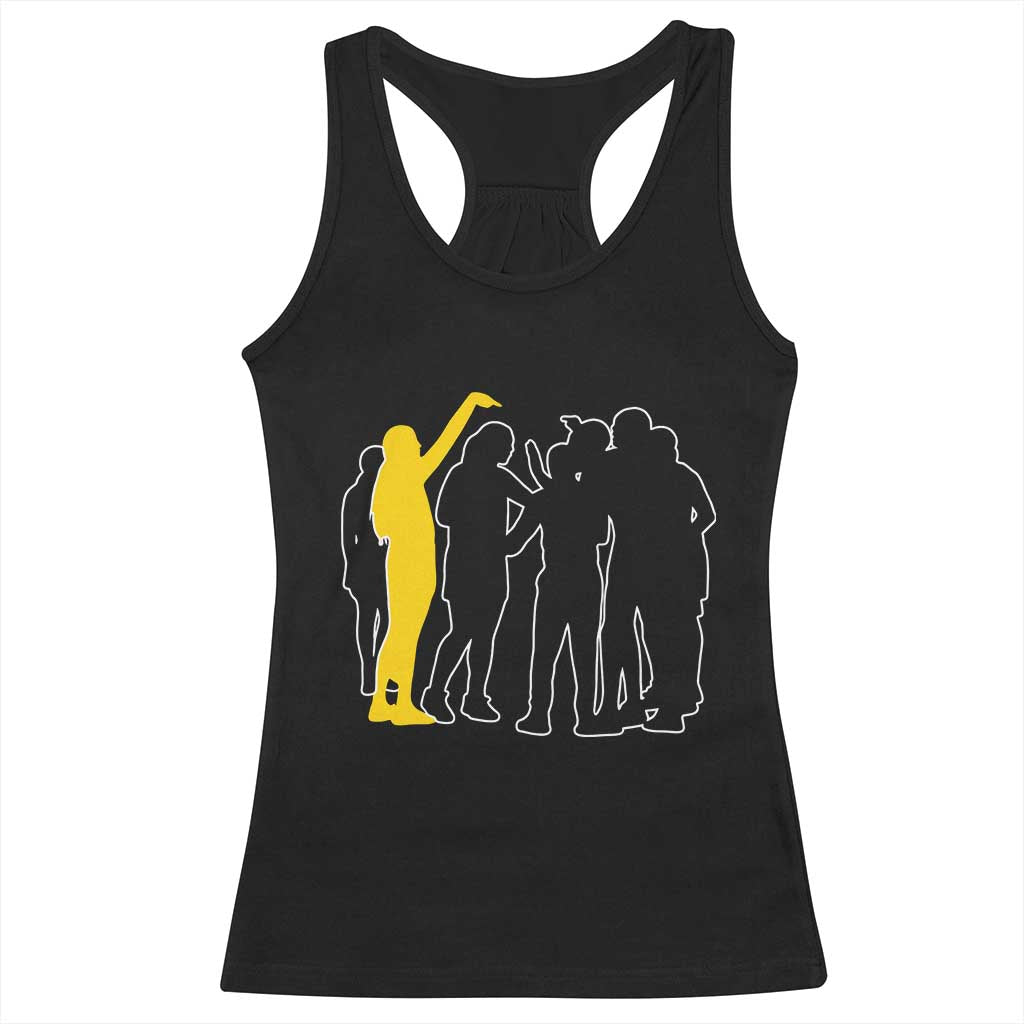 Viral Basketball Pointing Huddle Racerback Tank Top Funny Women Sports Culture Meme Yellow Silhouette Graphic TS02 Black Print Your Wear
