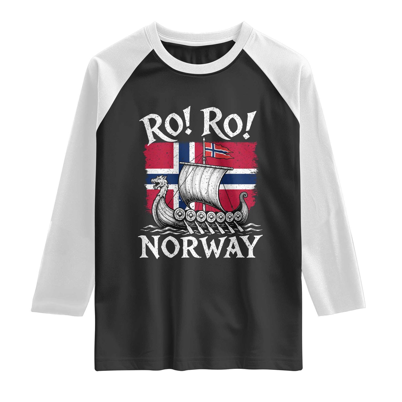 Funny Norway Viking Longship Ro Ro Raglan Shirt Vintage Norge Norwegian Flag Football Fans TS02 Black White Print Your Wear