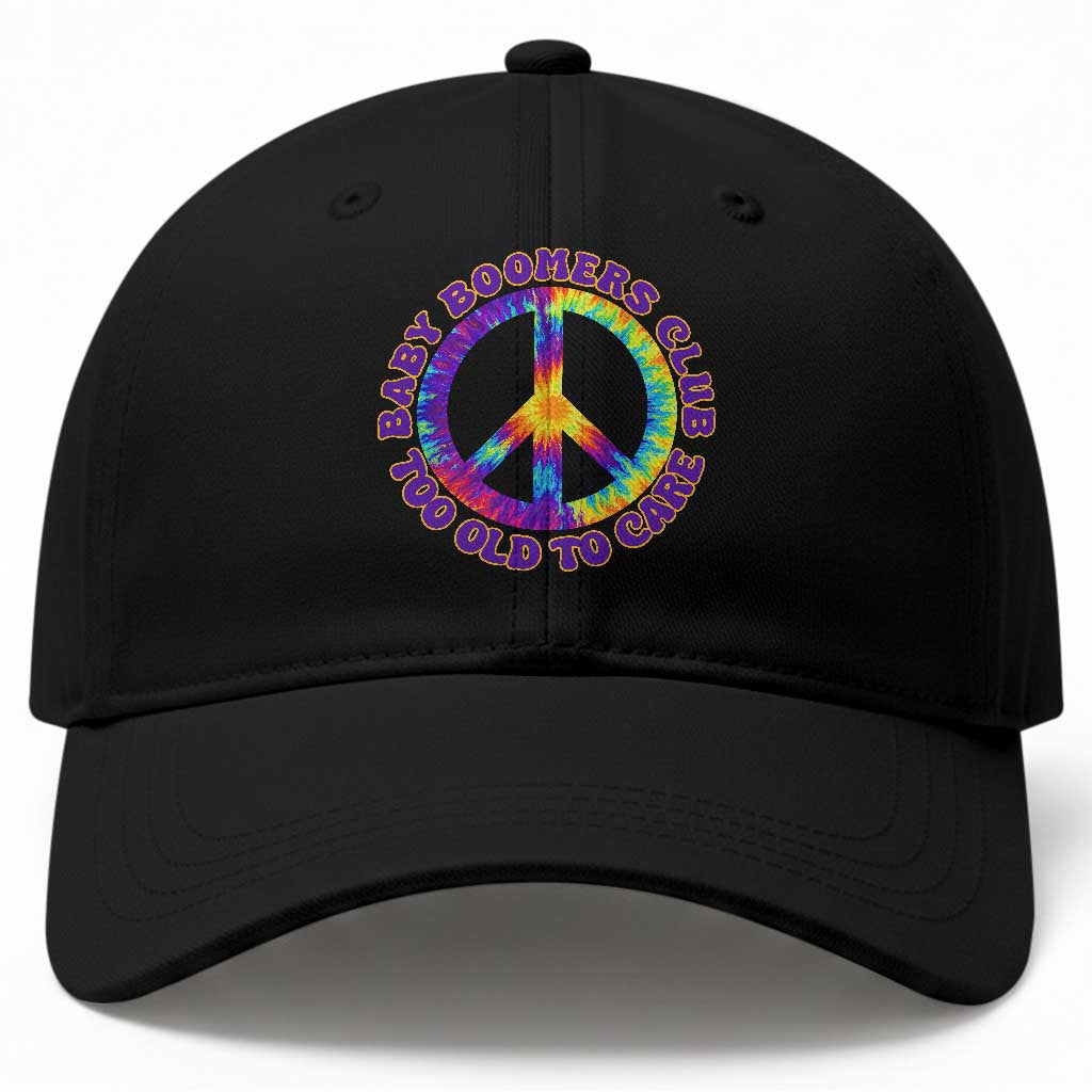 Baby Boomers Club Too Old To Care Retro Tie Dye Effect Printing Baseball Cap Peace Sign Groovy 60s Hippie Humor Graphic TS02 Print Your Wear
