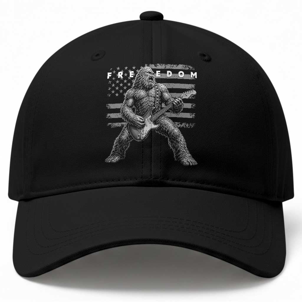 Freedom Bigfoot Playing Electric Guitar Baseball Cap Sasquatch Rock Star American Flag Patriotic Graphic TS02 Print Your Wear