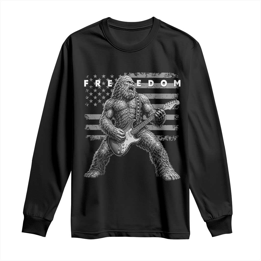 Freedom Bigfoot Playing Electric Guitar Long Sleeve Shirt Sasquatch Rock Star American Flag Patriotic Graphic TS02 Black Print Your Wear