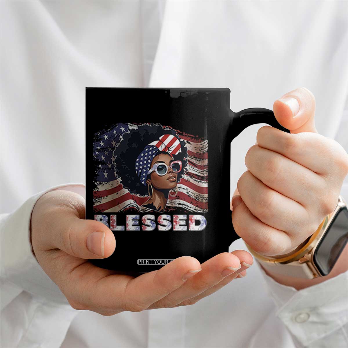 Blessed Black Queen Afro American Flag Coffee Mug Patriotic Juneteenth 4th of July TS02 Print Your Wear