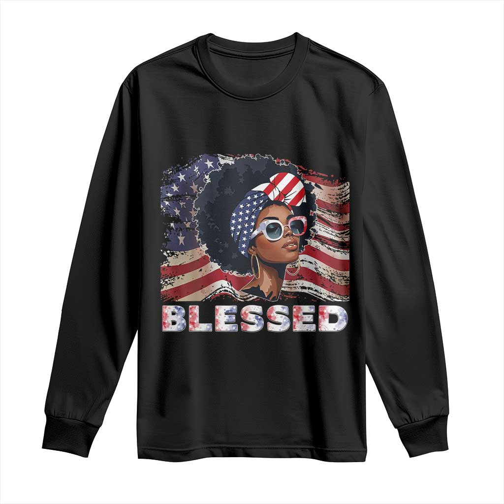 Blessed Black Queen Afro American Flag Long Sleeve Shirt Patriotic Juneteenth 4th of July TS02 Black Print Your Wear