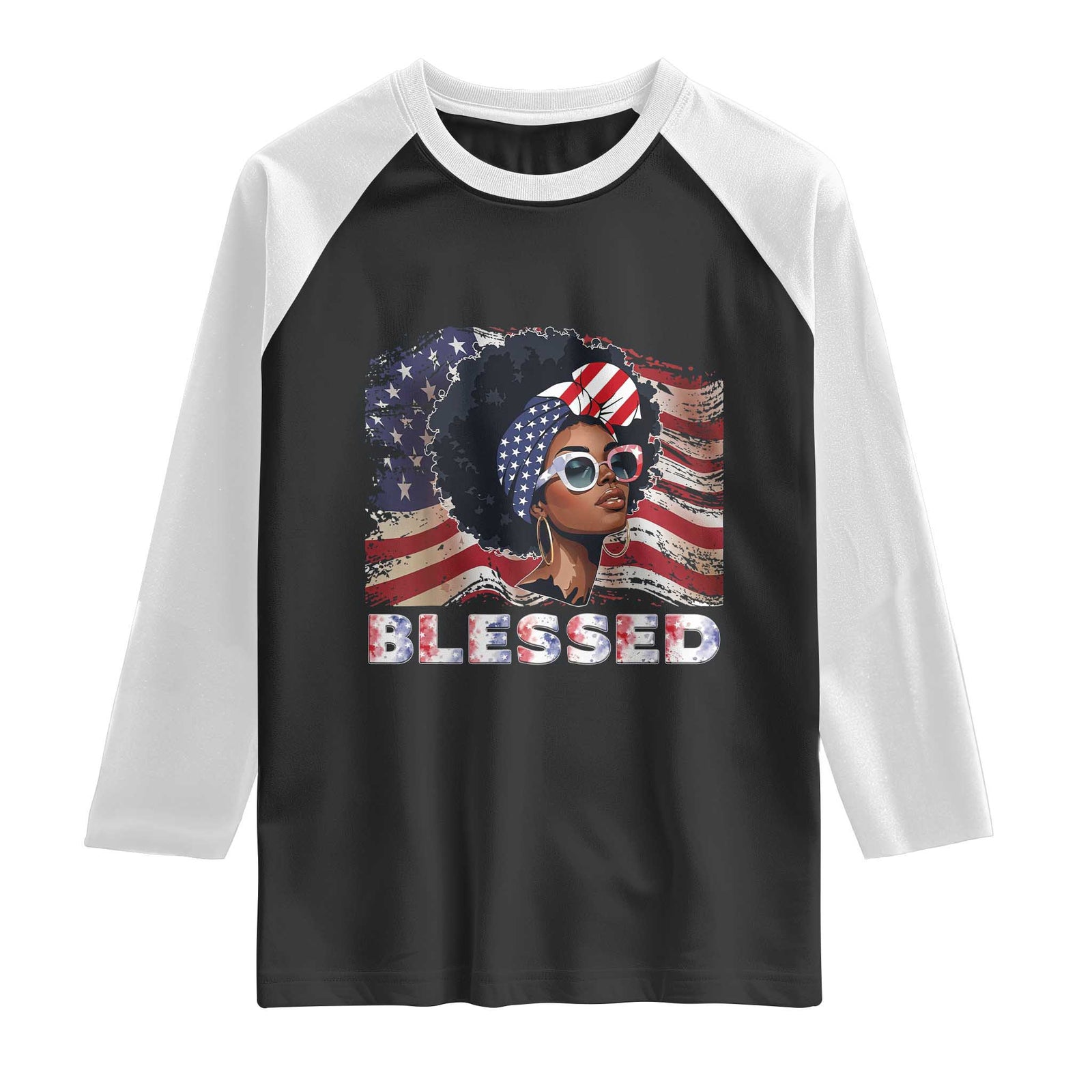 Blessed Black Queen Afro American Flag Raglan Shirt Patriotic Juneteenth 4th of July TS02 Black White Print Your Wear