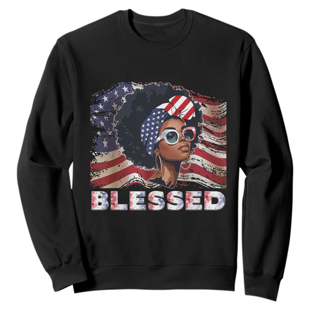 Blessed Black Queen Afro American Flag Sweatshirt Patriotic Juneteenth 4th of July TS02 Black Print Your Wear