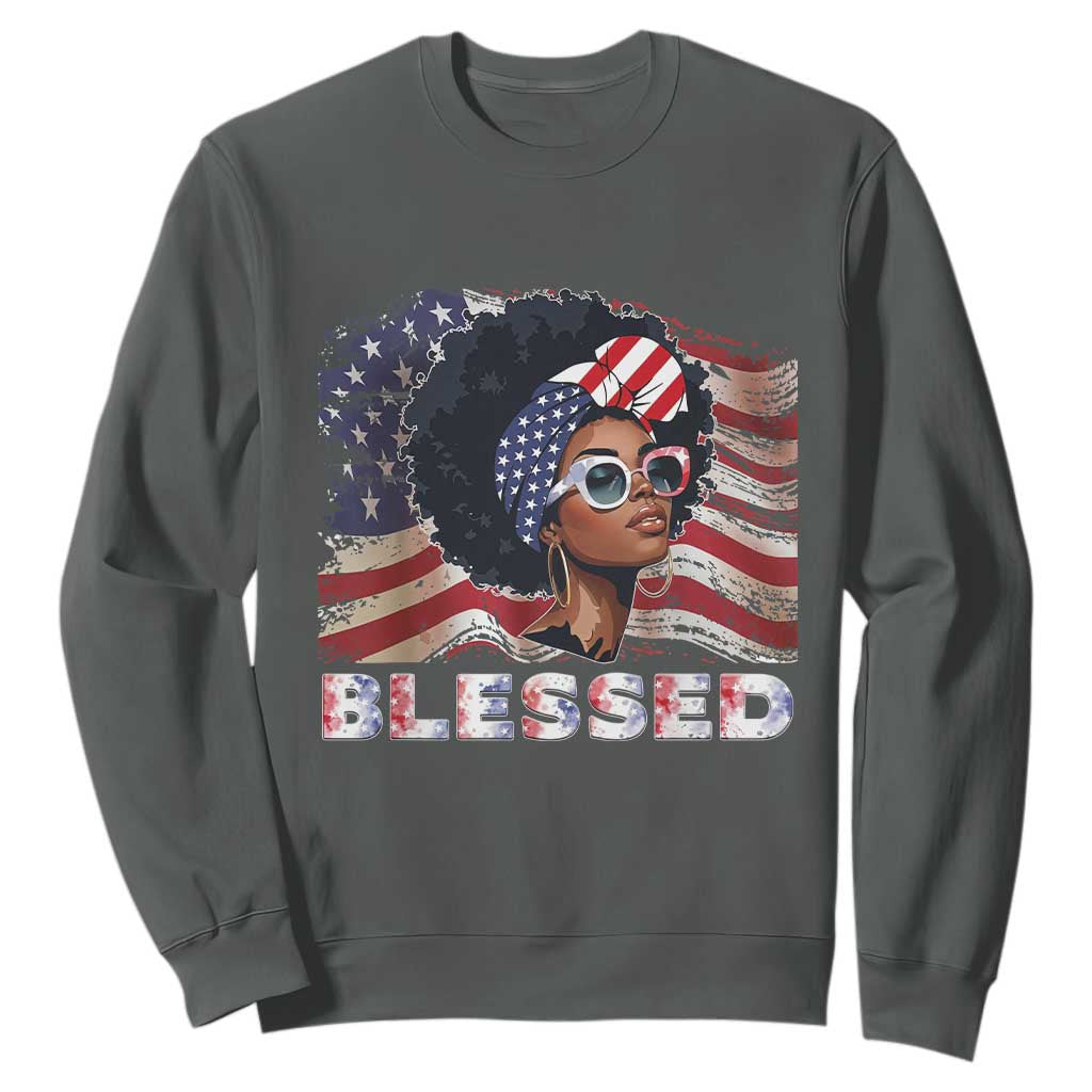Blessed Black Queen Afro American Flag Sweatshirt Patriotic Juneteenth 4th of July TS02 Dark Heather Print Your Wear