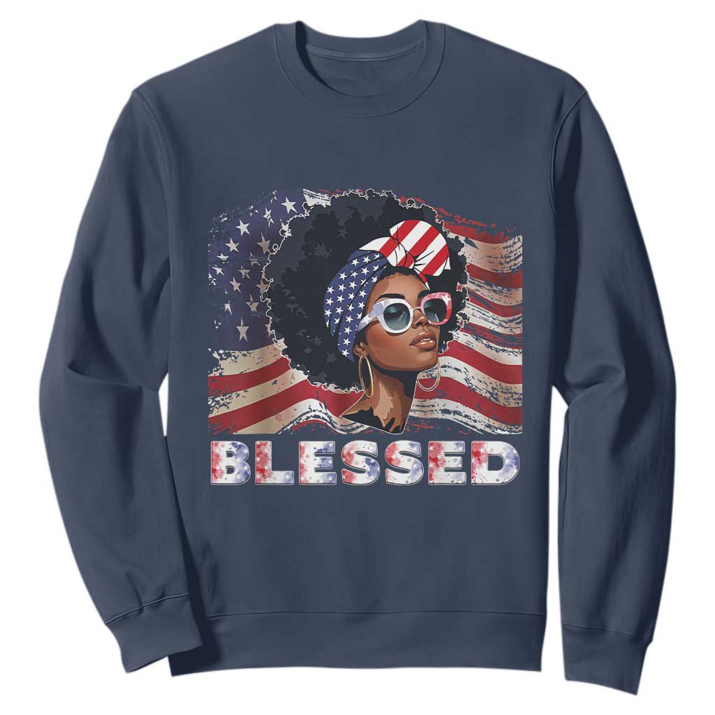 Blessed Black Queen Afro American Flag Sweatshirt Patriotic Juneteenth 4th of July TS02 Navy Print Your Wear