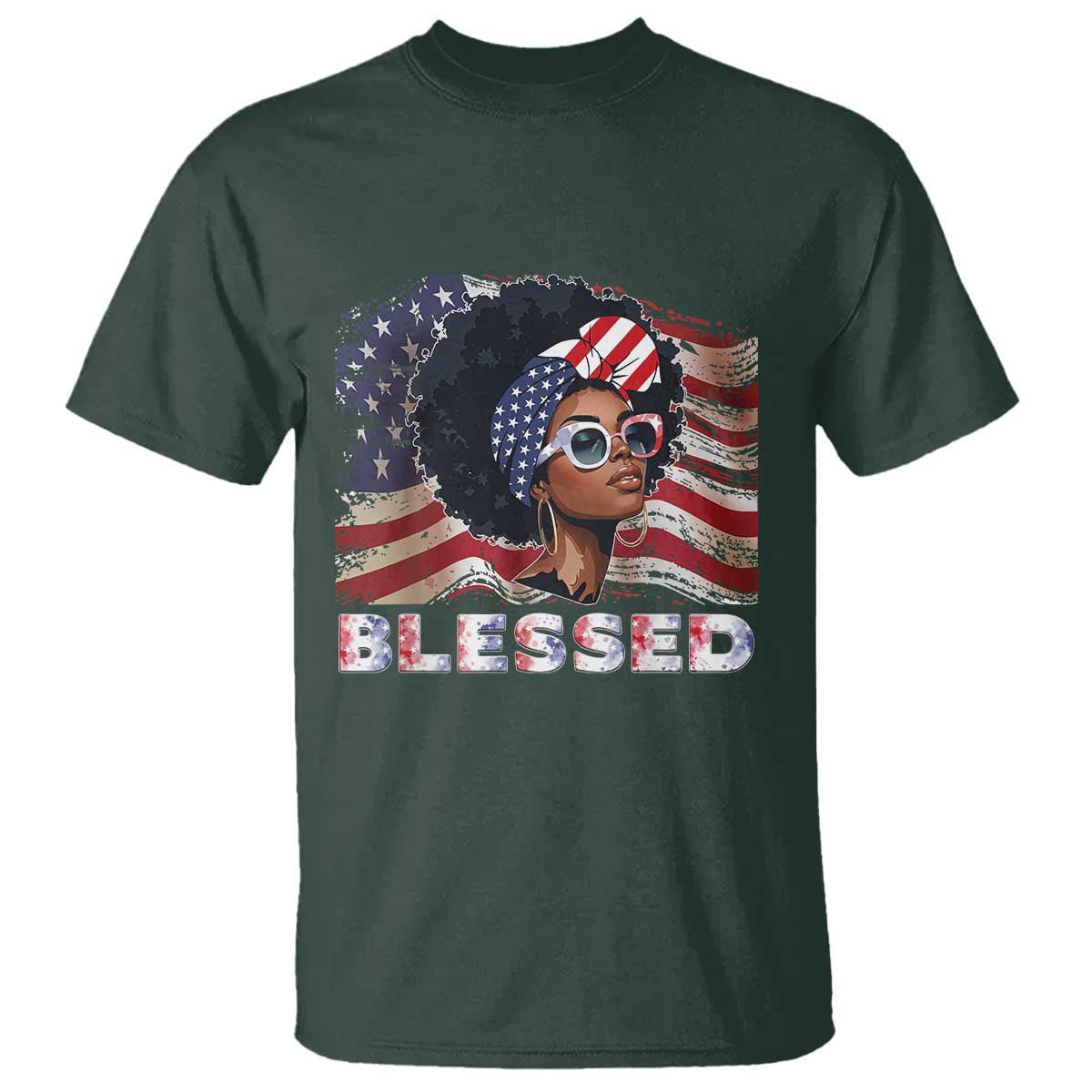 Blessed Black Queen Afro American Flag T Shirt Patriotic Juneteenth 4th of July TS02 Dark Forest Green Print Your Wear