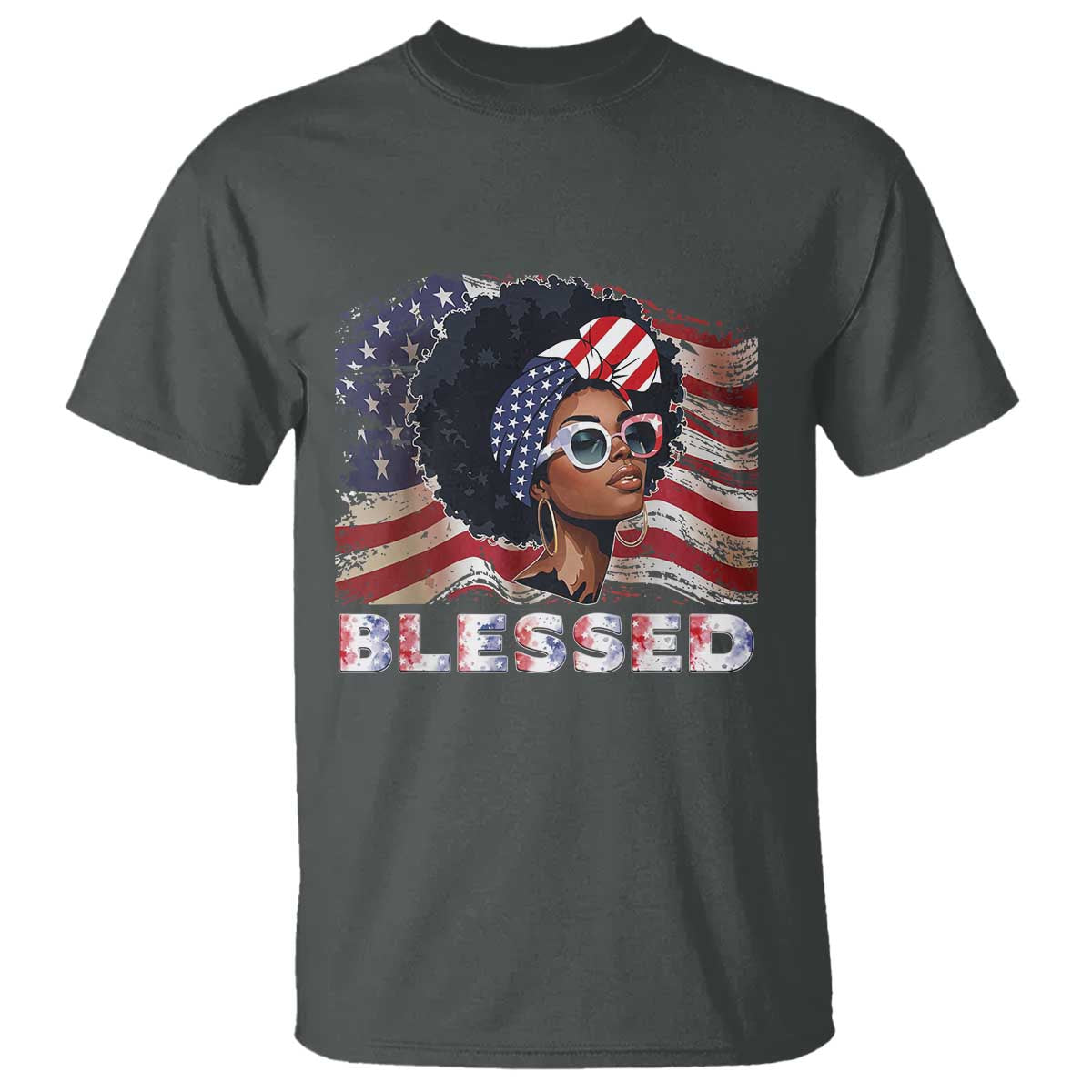 Blessed Black Queen Afro American Flag T Shirt Patriotic Juneteenth 4th of July TS02 Dark Heather Print Your Wear
