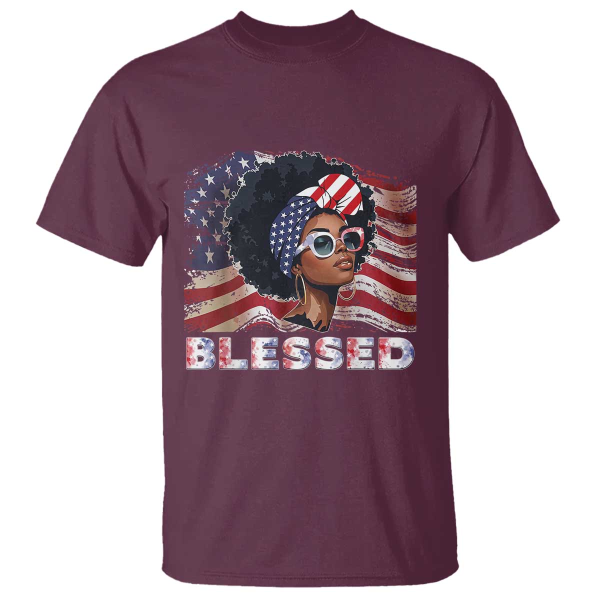 Blessed Black Queen Afro American Flag T Shirt Patriotic Juneteenth 4th of July TS02 Maroon Print Your Wear