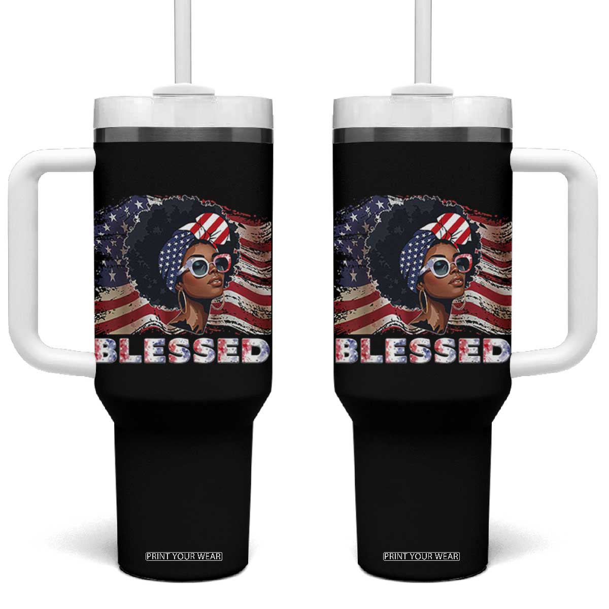 Blessed Black Queen Afro American Flag Tumbler With Handle Patriotic Juneteenth 4th of July TS02 One Size: 40 oz Black Print Your Wear