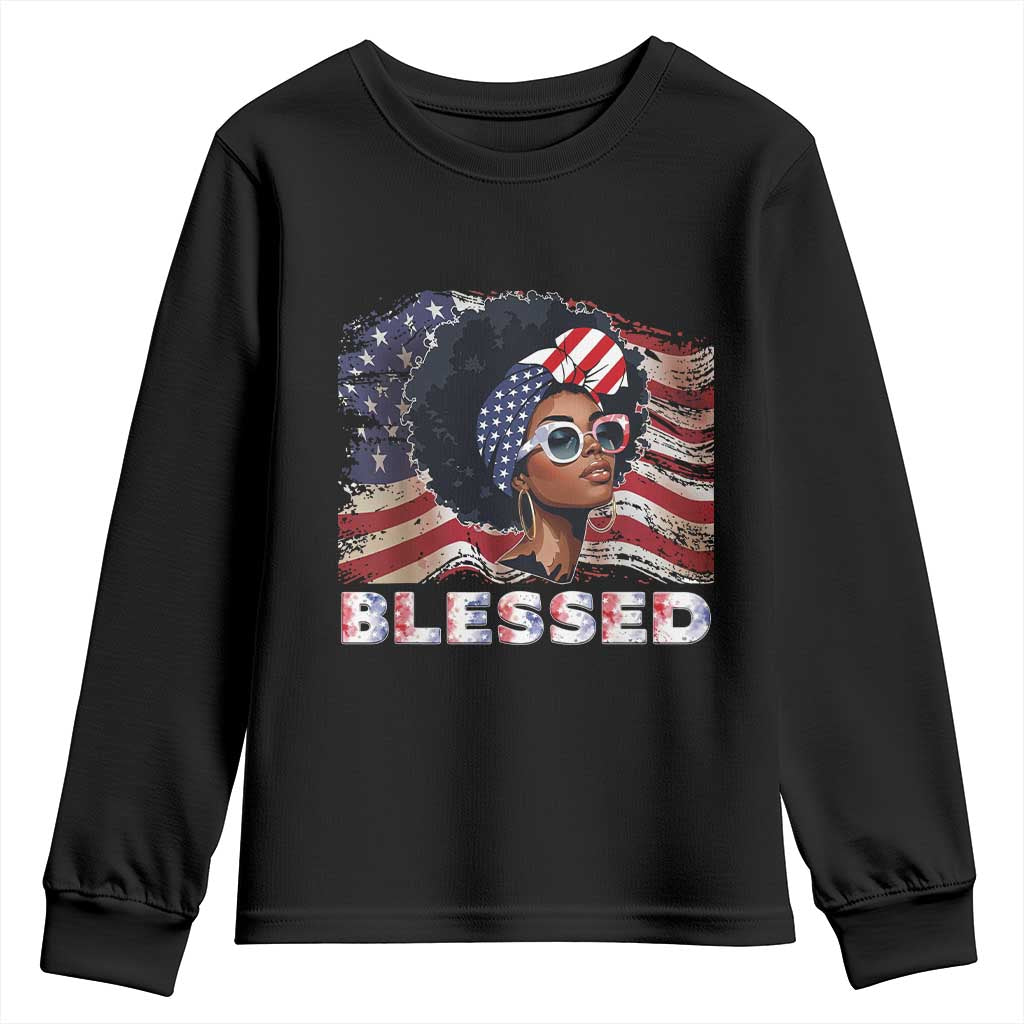 Blessed Black Queen Afro American Flag Youth Sweatshirt Patriotic Juneteenth 4th of July TS02 Black Print Your Wear