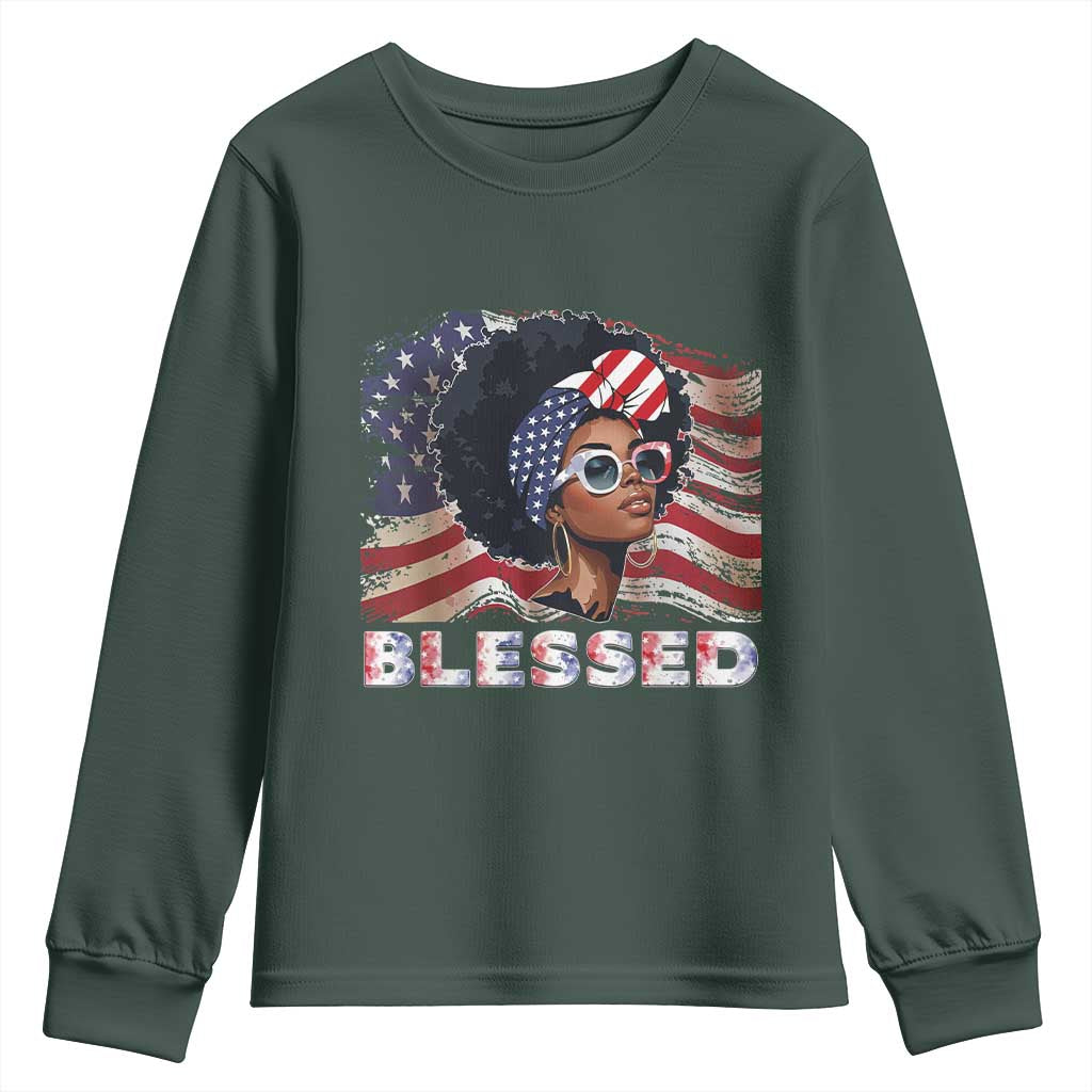 Blessed Black Queen Afro American Flag Youth Sweatshirt Patriotic Juneteenth 4th of July TS02 Dark Forest Green Print Your Wear