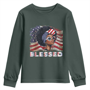 Blessed Black Queen Afro American Flag Youth Sweatshirt Patriotic Juneteenth 4th of July TS02 Dark Forest Green Print Your Wear
