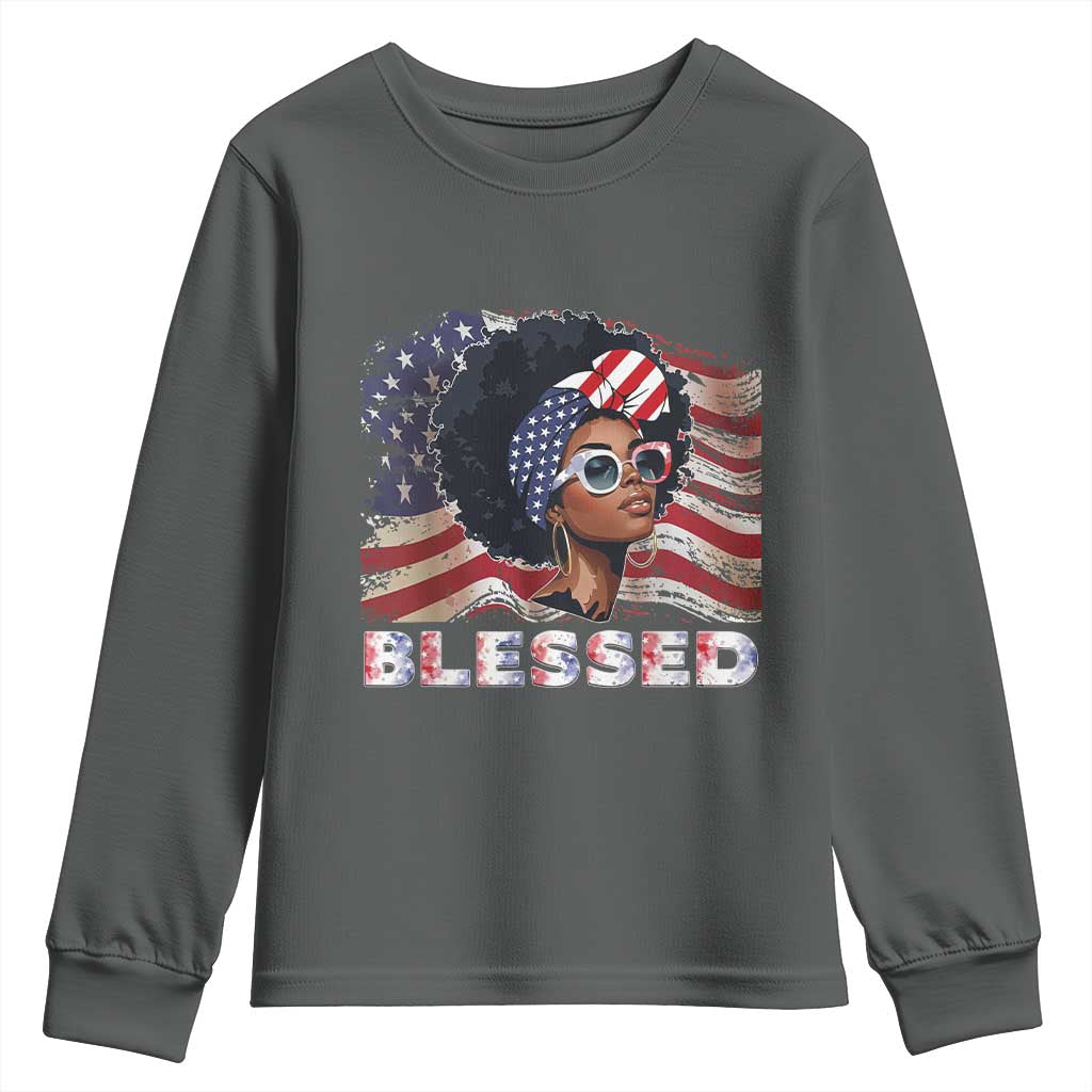 Blessed Black Queen Afro American Flag Youth Sweatshirt Patriotic Juneteenth 4th of July TS02 Dark Heather Print Your Wear