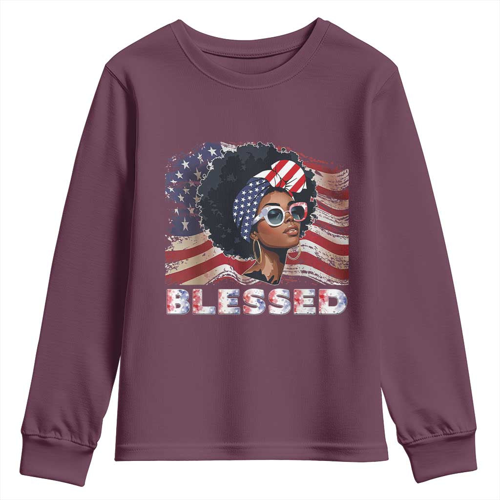 Blessed Black Queen Afro American Flag Youth Sweatshirt Patriotic Juneteenth 4th of July TS02 Maroon Print Your Wear
