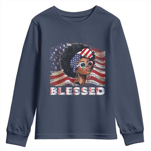 Blessed Black Queen Afro American Flag Youth Sweatshirt Patriotic Juneteenth 4th of July TS02 Navy Print Your Wear