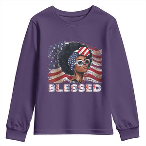 Blessed Black Queen Afro American Flag Youth Sweatshirt Patriotic Juneteenth 4th of July TS02 Purple Print Your Wear