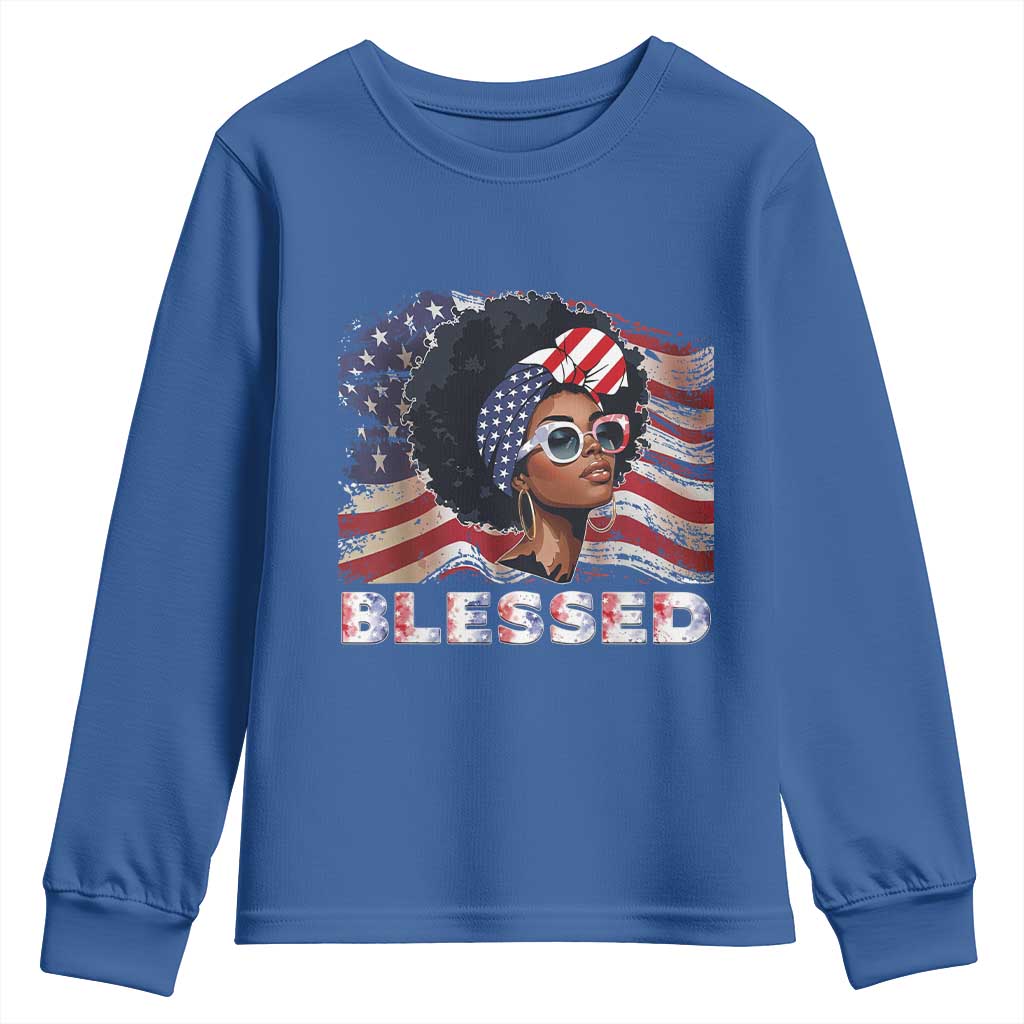 Blessed Black Queen Afro American Flag Youth Sweatshirt Patriotic Juneteenth 4th of July TS02 Royal Blue Print Your Wear