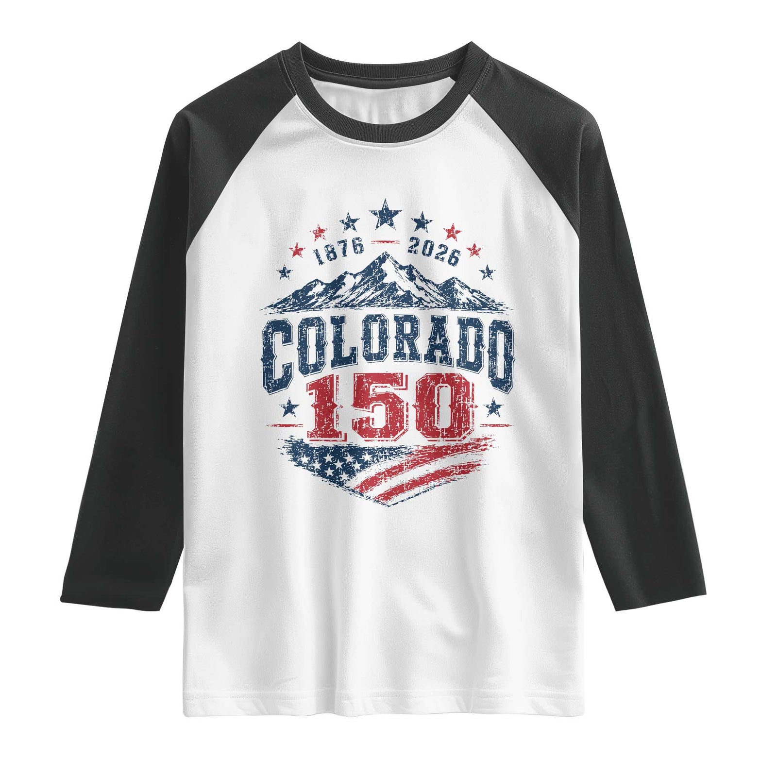 Colorado Rocky Mountains 150th Anniversary Raglan Shirt Sesquicentennial 1876 2026 Patriotic Graphic TS02 White Black Print Your Wear