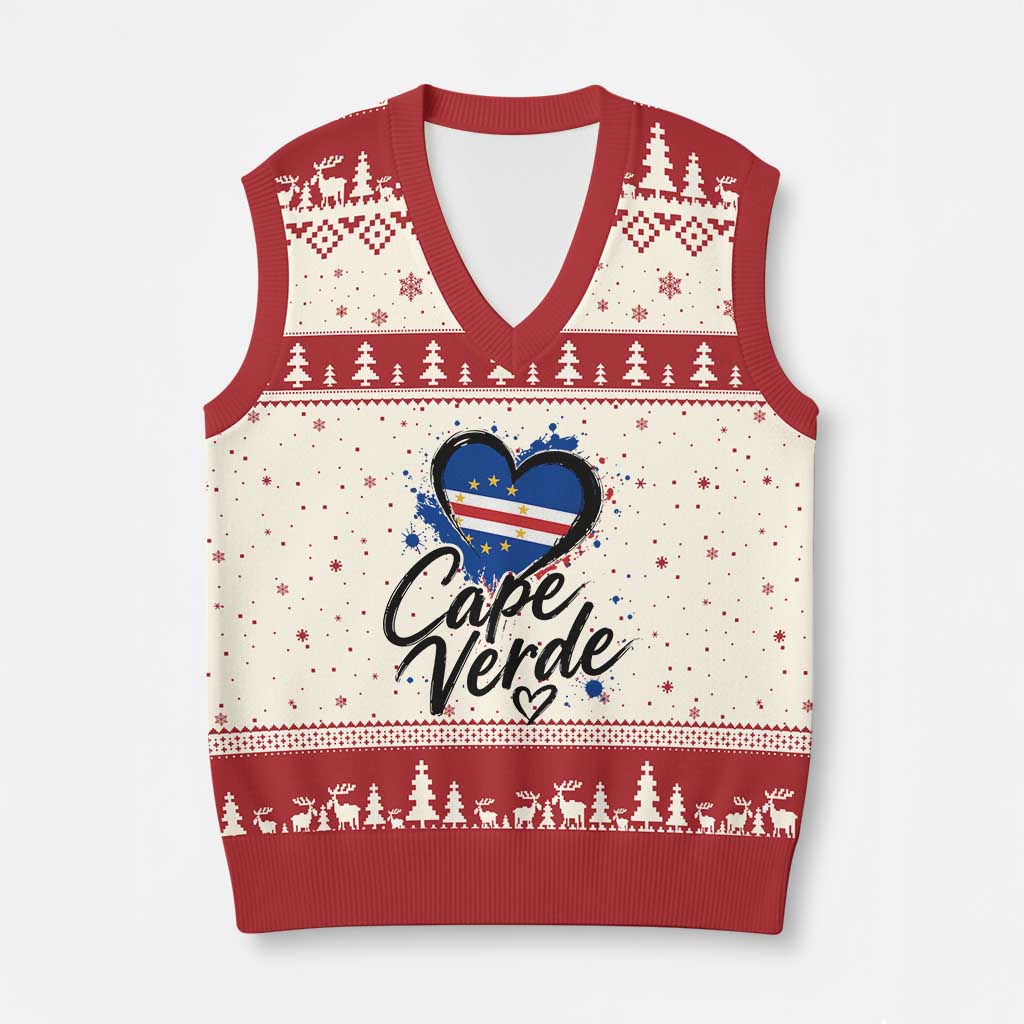 Cape Verde Flag Heart V-Neck Knit Sweater Vest Cabo Verde Pride Verdean Love TS02 Beige Red Print Your Wear