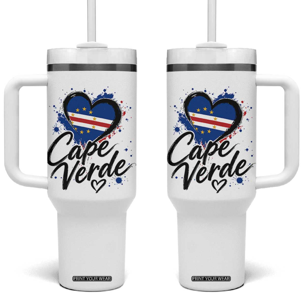 Cape Verde Flag Heart Tumbler With Handle Cabo Verde Pride Verdean Love TS02 One Size: 40 oz White Print Your Wear