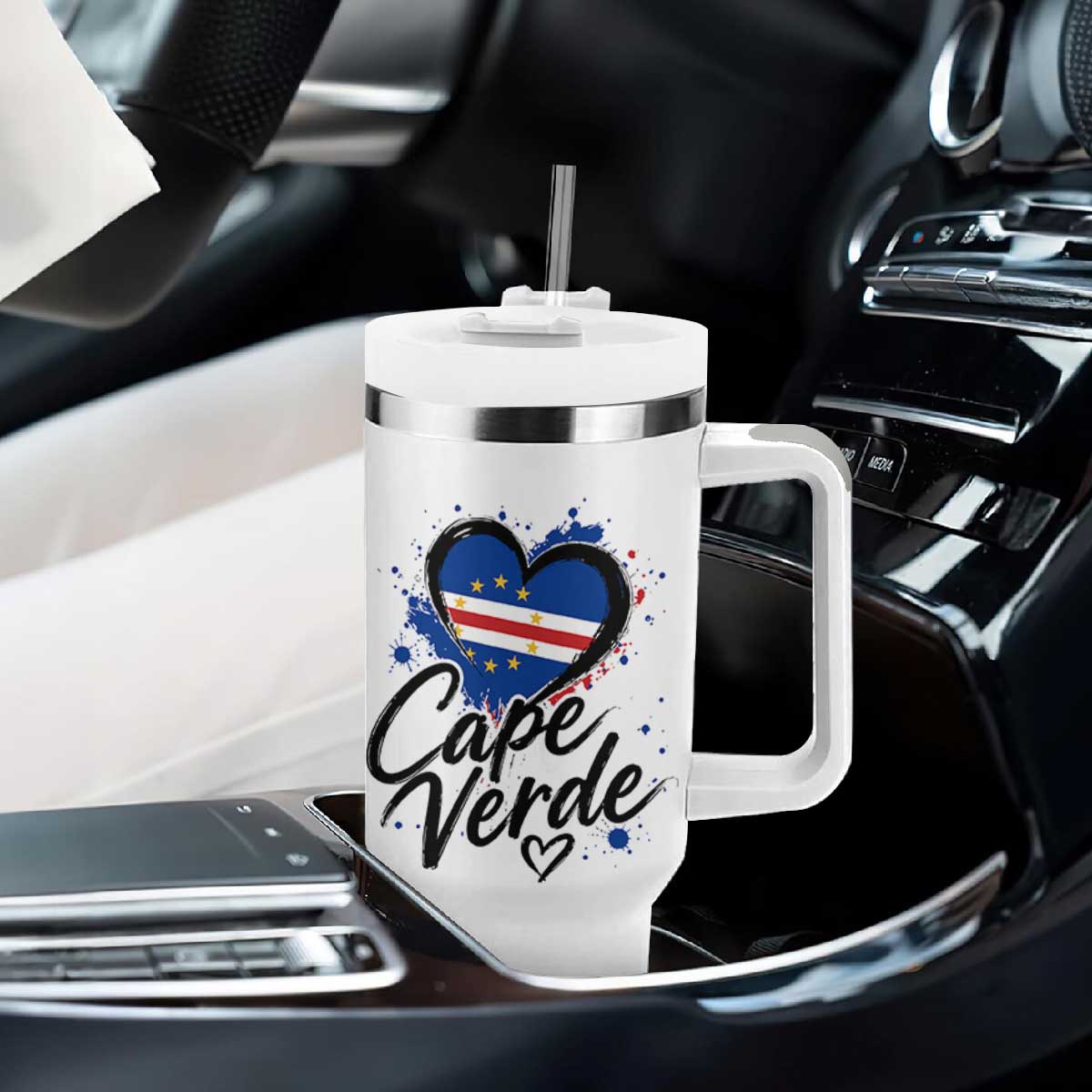 Cape Verde Flag Heart Tumbler With Handle Cabo Verde Pride Verdean Love TS02 Print Your Wear