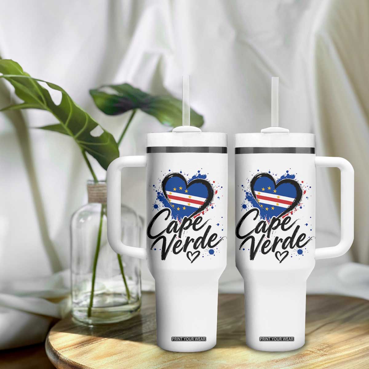Cape Verde Flag Heart Tumbler With Handle Cabo Verde Pride Verdean Love TS02 Print Your Wear
