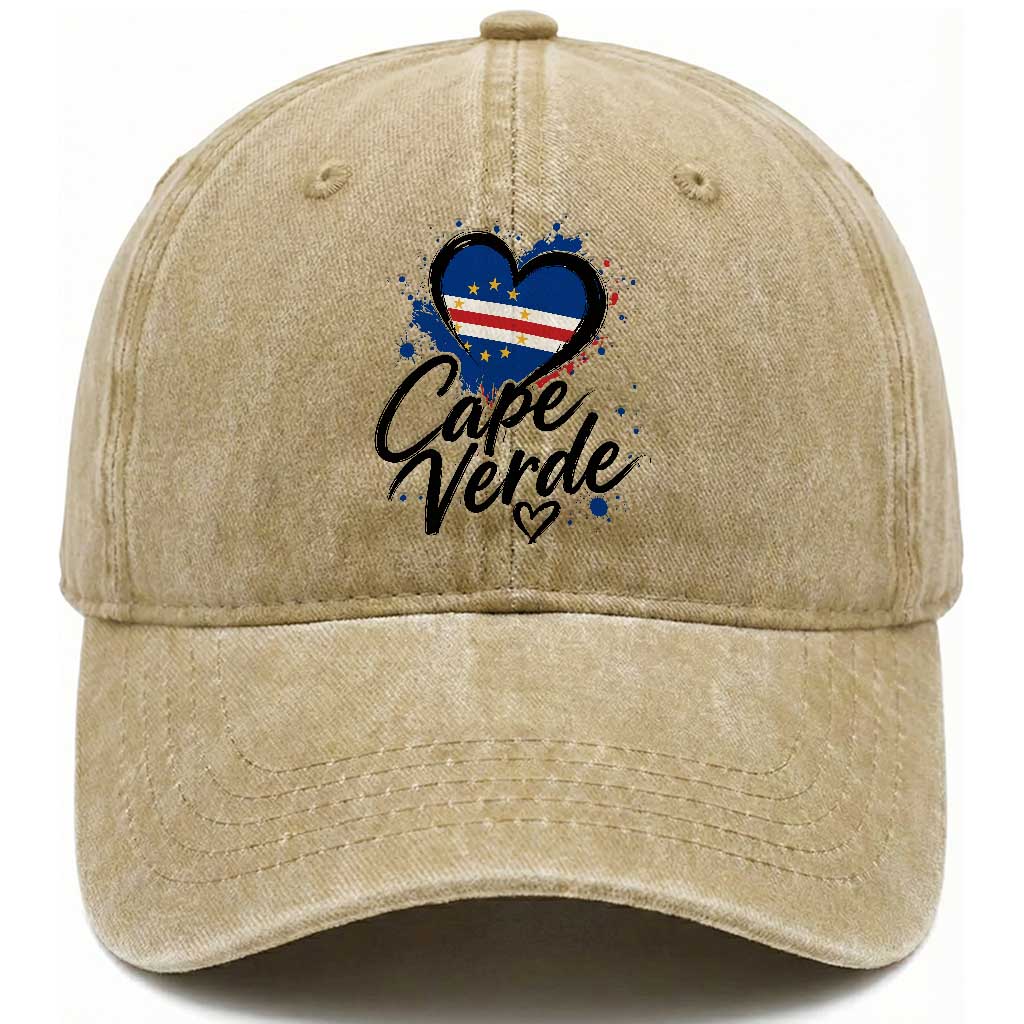 Cape Verde Flag Heart Washed Cotton Baseball Cap Cabo Verde Pride Verdean Love TS02 Print Your Wear