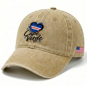 Cape Verde Flag Heart Washed Cotton Baseball Cap Cabo Verde Pride Verdean Love TS02 Print Your Wear