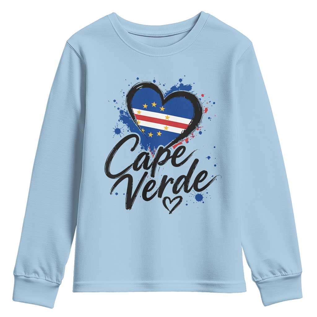 Cape Verde Flag Heart Youth Sweatshirt Cabo Verde Pride Verdean Love TS02 Light Blue Print Your Wear