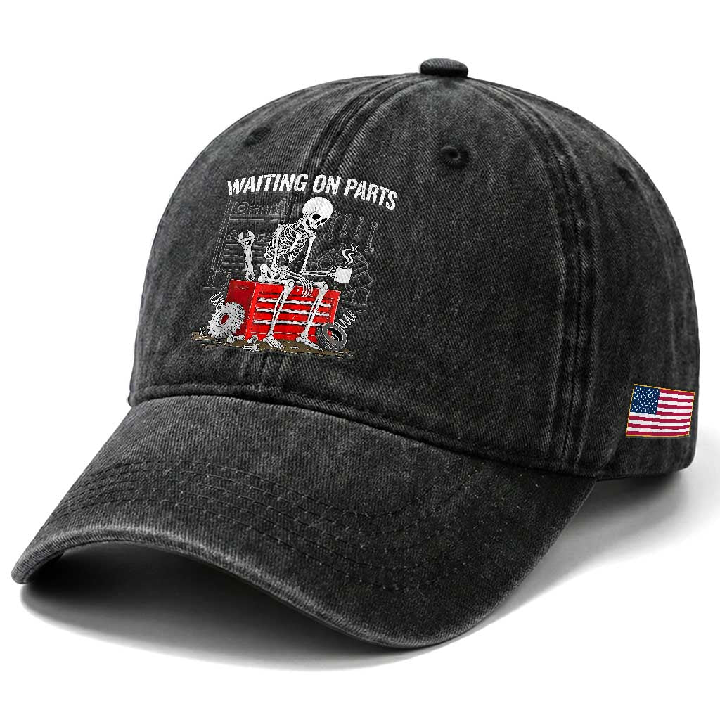 Waiting On Parts Skeleton Mechanic Washed Cotton Baseball Cap Funny Sarcastic Auto Garage Repair Tech TS02 Print Your Wear
