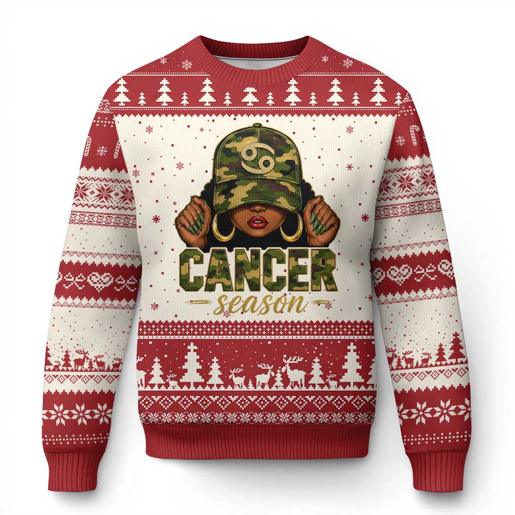 Zodiac Queen Cancer Season Retro Camo Camouflage Graphic Ugly Christmas Sweater June July Horoscope Birthday Gift Melanin Women TS02 Beige Red Print Your Wear