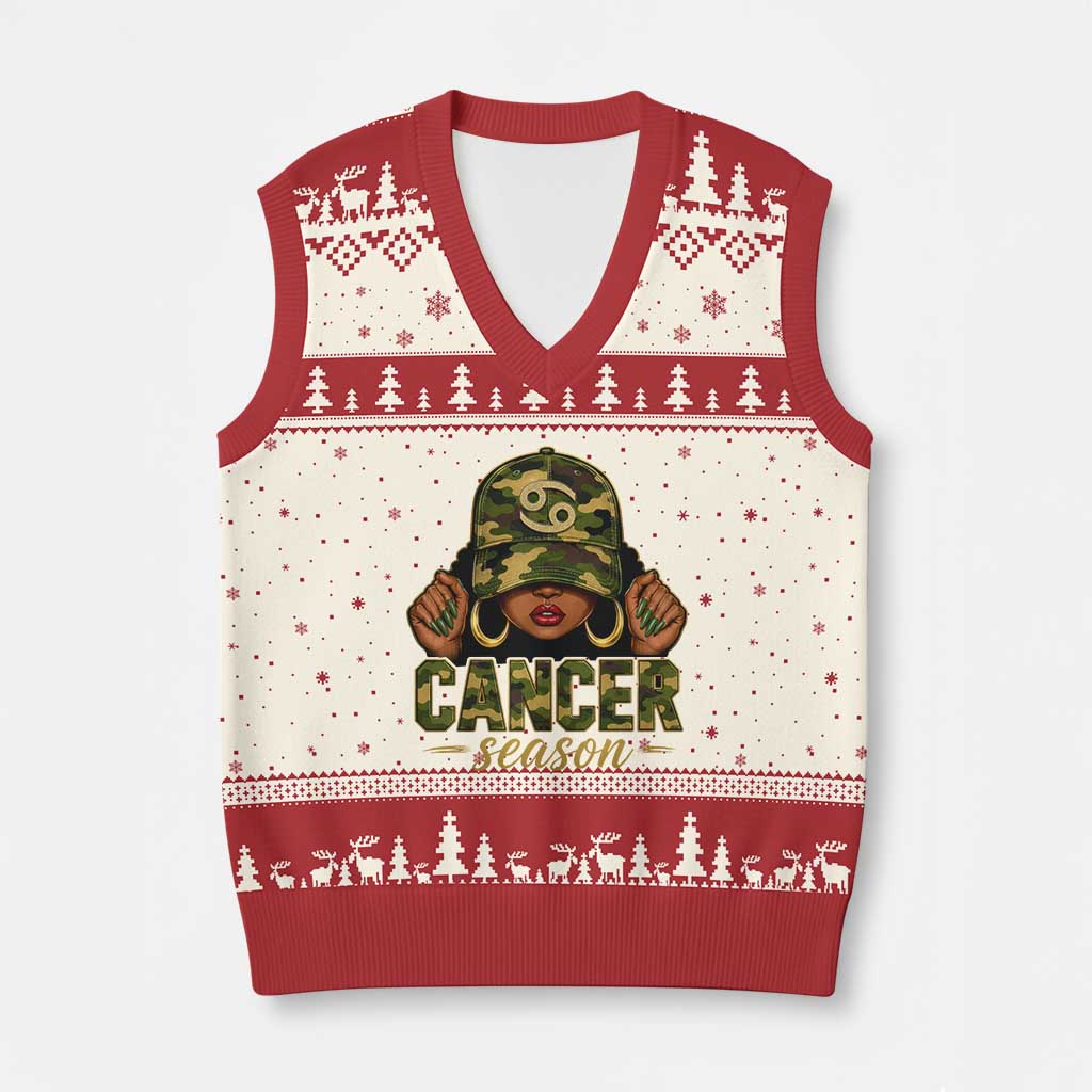 Zodiac Queen Cancer Season Retro Camo Camouflage Graphic V-Neck Knit Sweater Vest June July Horoscope Birthday Gift Melanin Women TS02 Beige Red Print Your Wear