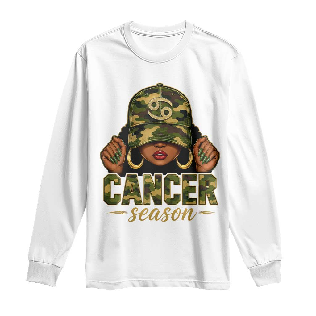 Zodiac Queen Cancer Season Retro Camo Camouflage Graphic Long Sleeve Shirt June July Horoscope Birthday Gift Melanin Women TS02 White Print Your Wear
